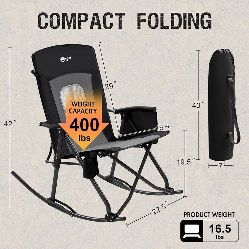 Portal Oversized Folding Rocking Camping Chair Portable Outdoor Rocker with High Back Hard Armrests Carry Bag, Supports 400 lbs - Image 3